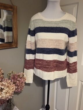 Madison Cream Striped Crewneck Sweater with Navy, Blush & Burgundy